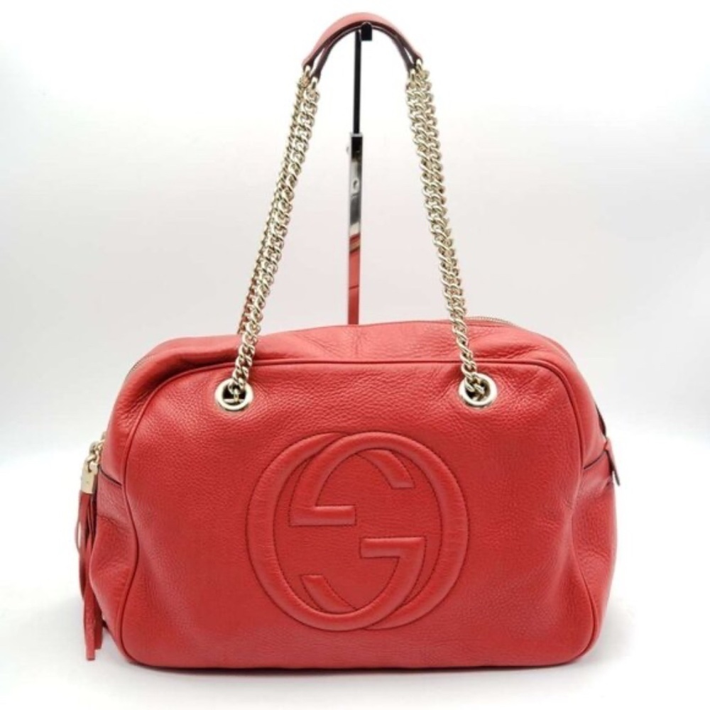 Authentic Gucci Soho Chain Shoulder Bag Red Leather GG Logo Crossbody Bag